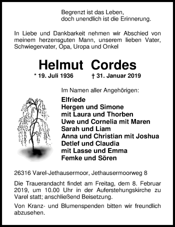 Traueranzeige von Helmut Cordes von Nordwest-Zeitung