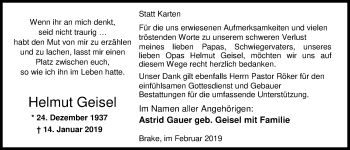 Traueranzeige von Helmut Geisel von Nordwest-Zeitung