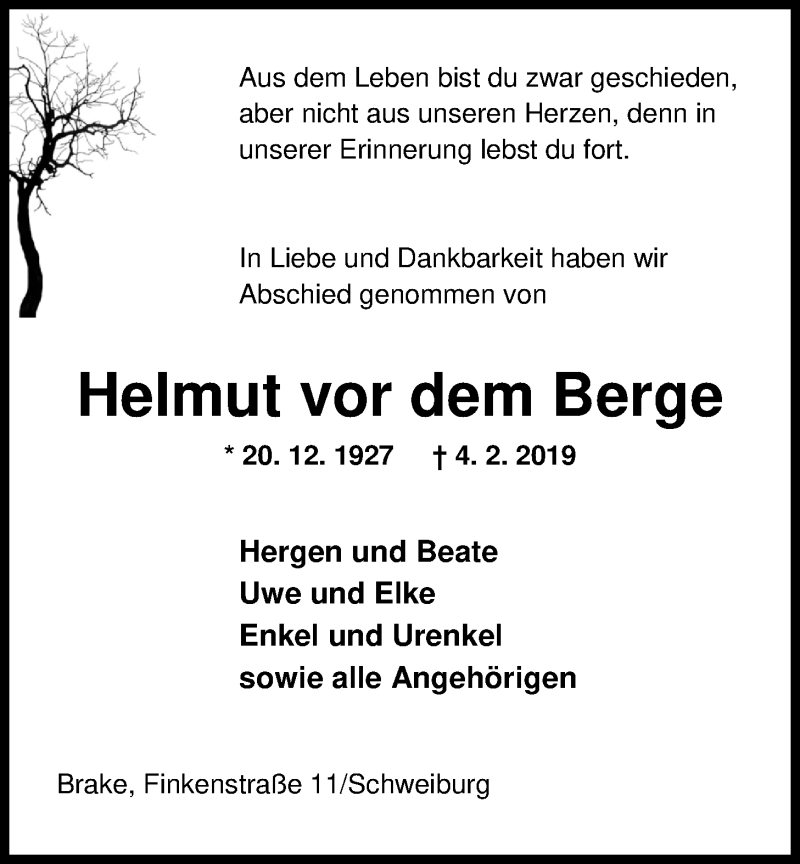  Traueranzeige für Helmut vor dem Berge vom 12.02.2019 aus Nordwest-Zeitung