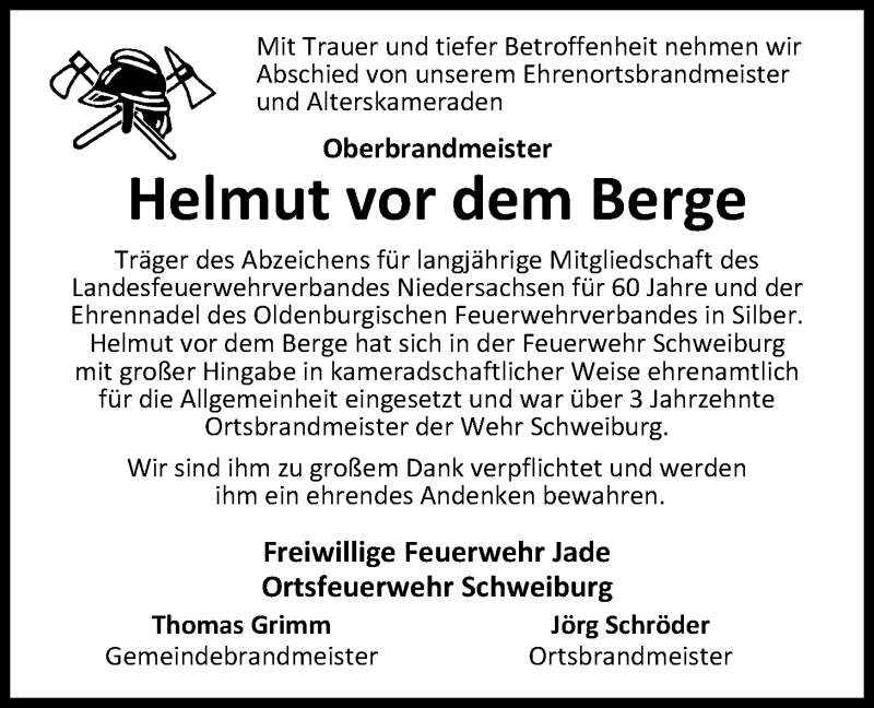  Traueranzeige für Helmut vor dem Berge vom 12.02.2019 aus Nordwest-Zeitung