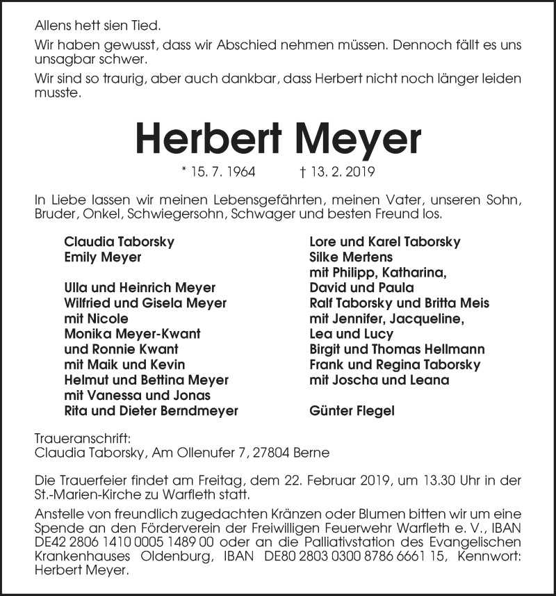  Traueranzeige für Herbert Meyer vom 16.02.2019 aus Nordwest-Zeitung