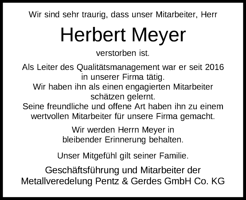  Traueranzeige für Herbert Meyer vom 19.02.2019 aus Nordwest-Zeitung