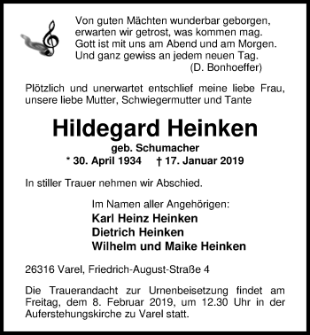 Traueranzeige von Hildegard Heinken von Nordwest-Zeitung