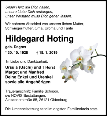 Traueranzeige von Hildegard Hoting von Nordwest-Zeitung