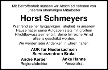 Traueranzeige von Horst Schmeyers von Nordwest-Zeitung