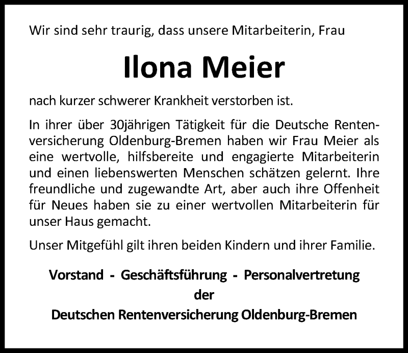  Traueranzeige für Ilona Meier vom 16.02.2019 aus Nordwest-Zeitung