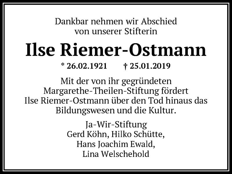  Traueranzeige für Ilse Riemer-Ostmann vom 08.02.2019 aus Nordwest-Zeitung