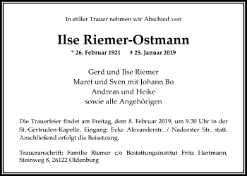 Traueranzeige von Ilse Riemer-Ostmann von Nordwest-Zeitung