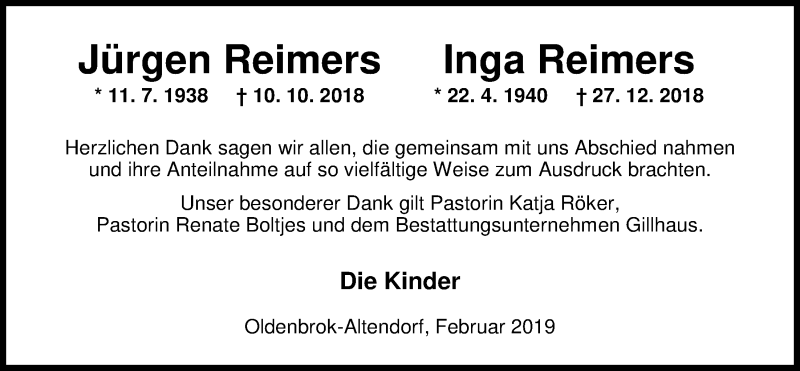  Traueranzeige für Inga Reimers vom 28.02.2019 aus Nordwest-Zeitung