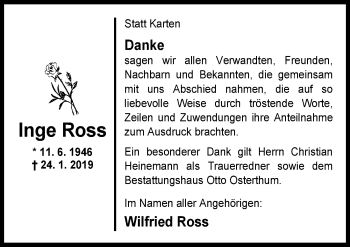 Traueranzeige von Inge Ross von Nordwest-Zeitung