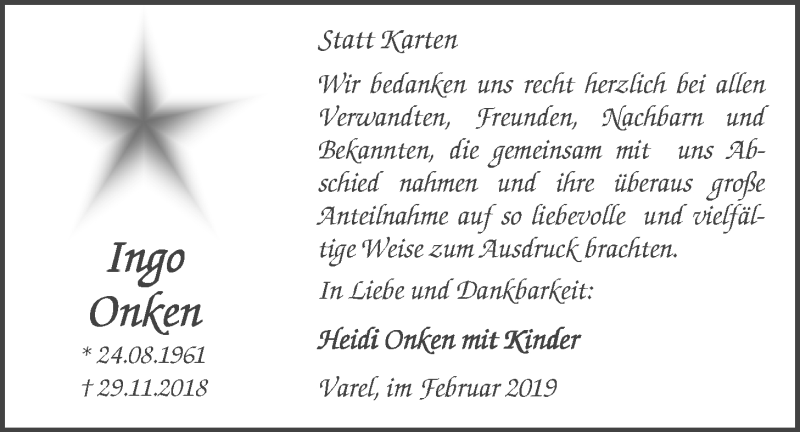  Traueranzeige für Ingo Onken vom 05.02.2019 aus Nordwest-Zeitung