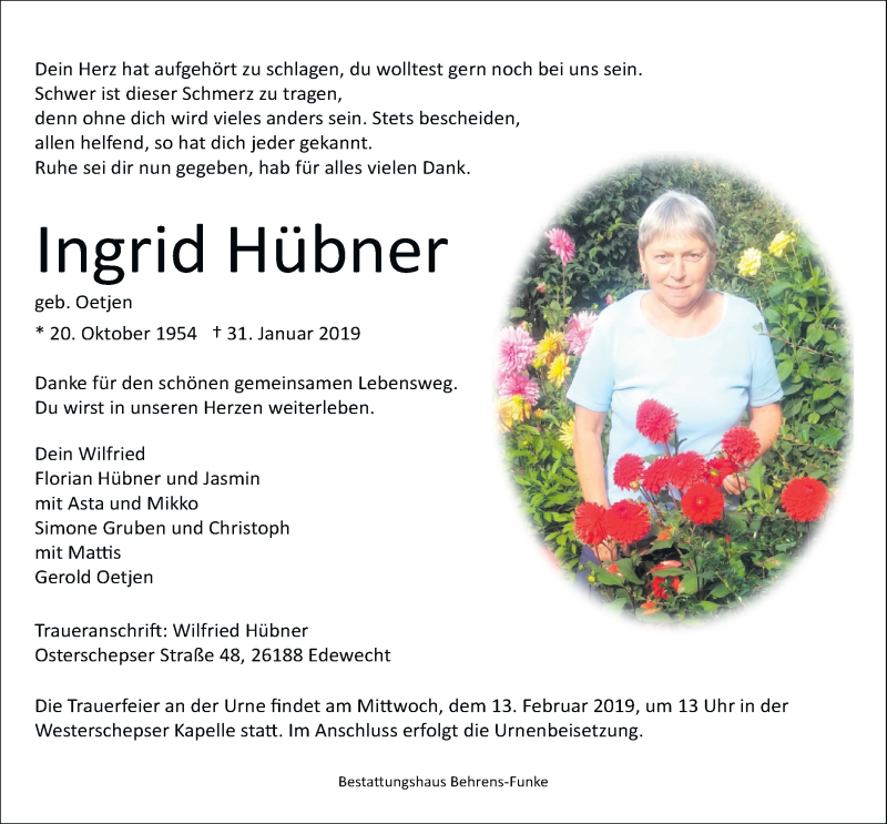  Traueranzeige für Ingrid Hübner vom 05.02.2019 aus Nordwest-Zeitung