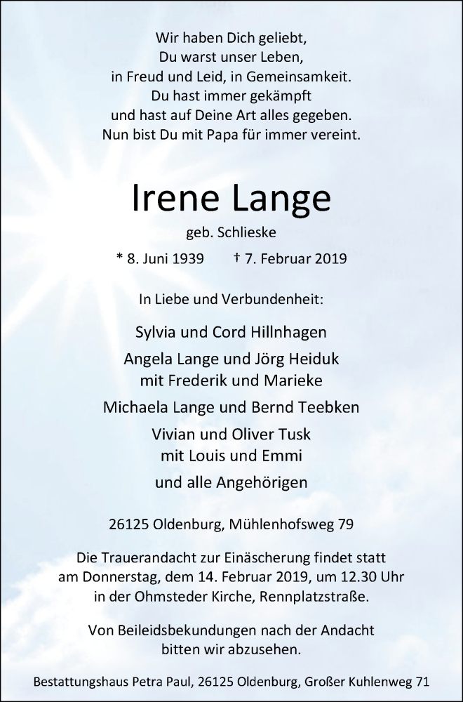  Traueranzeige für Irene Lange vom 12.02.2019 aus Nordwest-Zeitung