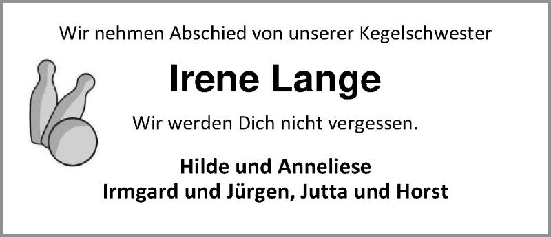  Traueranzeige für Irene Lange vom 13.02.2019 aus Nordwest-Zeitung