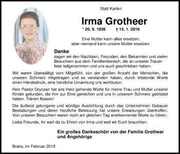 Traueranzeige von Irma Grotheer von Nordwest-Zeitung