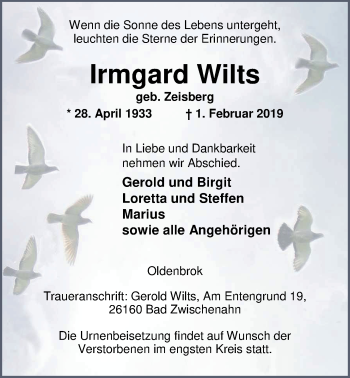Traueranzeige von Irmgard Wilts von Nordwest-Zeitung