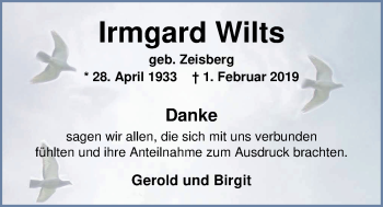 Traueranzeige von Irmgard Wilts von Nordwest-Zeitung