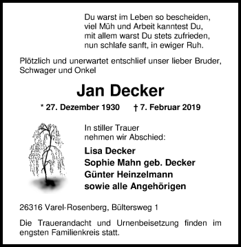 Traueranzeige von Jan Decker von Nordwest-Zeitung