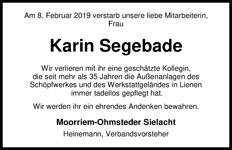  Traueranzeige für Karin Segebade vom 12.02.2019 aus Nordwest-Zeitung