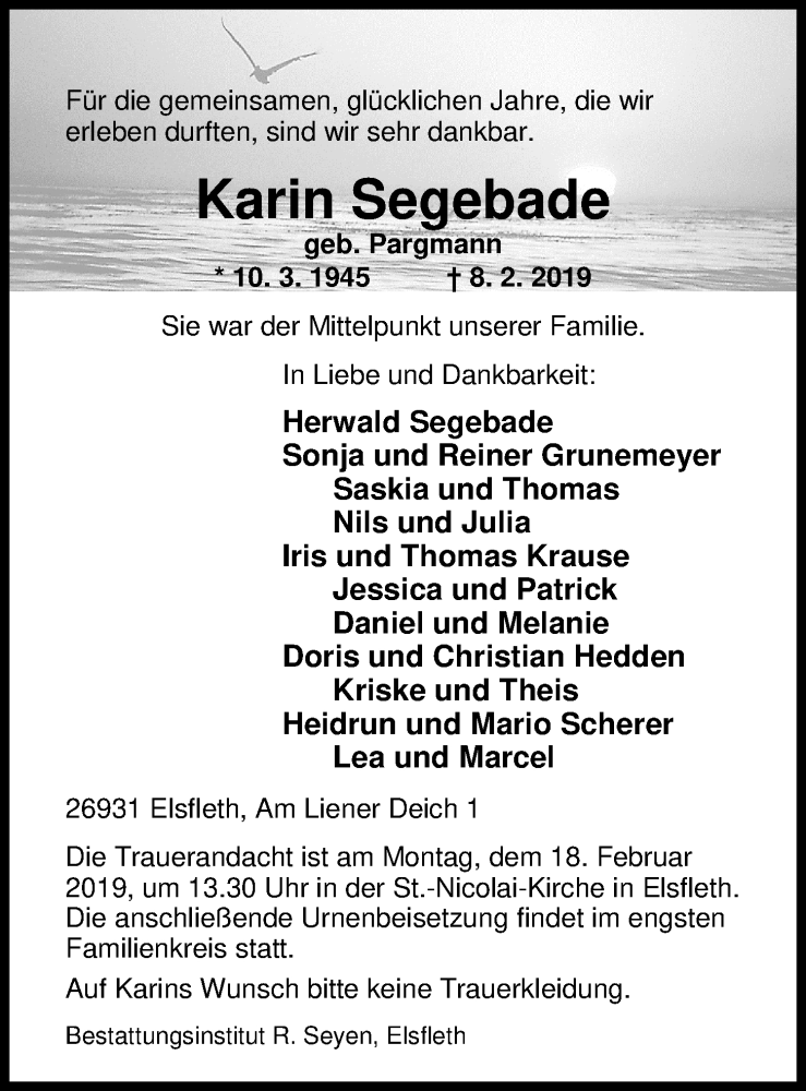  Traueranzeige für Karin Segebade vom 12.02.2019 aus Nordwest-Zeitung