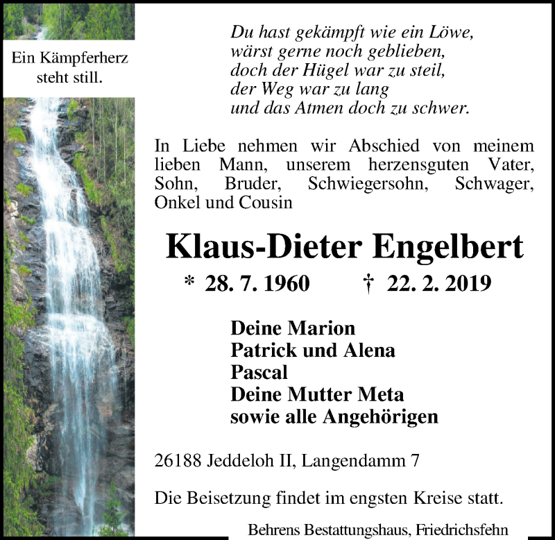  Traueranzeige für Klaus-Dieter Engelbert vom 27.02.2019 aus Nordwest-Zeitung