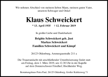 Traueranzeige von Klaus Schweickert von Nordwest-Zeitung