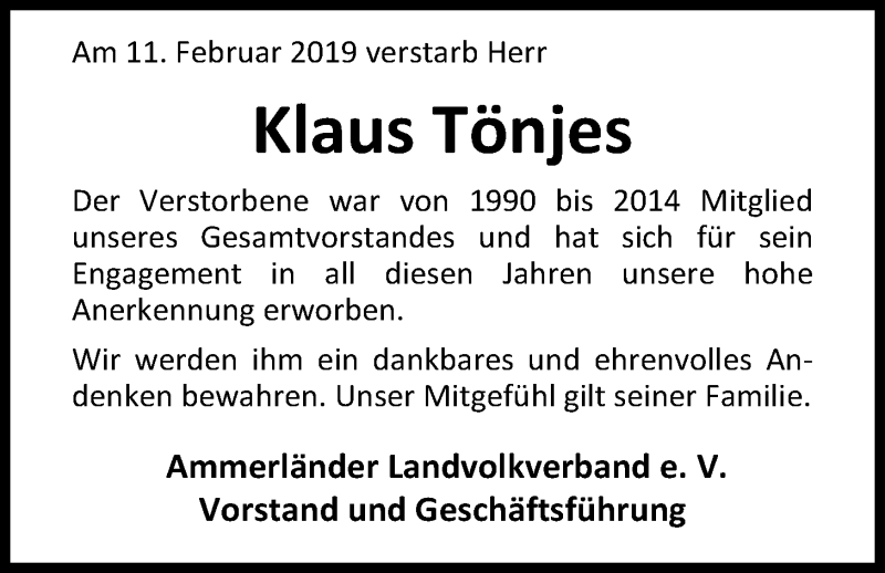  Traueranzeige für Klaus Tönjes vom 15.02.2019 aus Nordwest-Zeitung