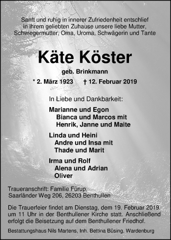 Traueranzeige von Käte Köster von Nordwest-Zeitung
