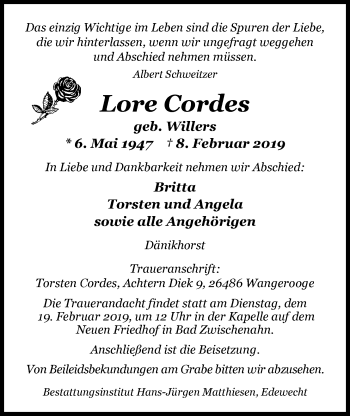 Traueranzeige von Lore Cordes von Nordwest-Zeitung