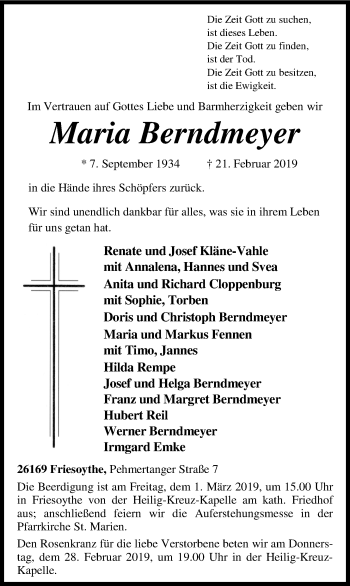 Traueranzeige von Maria Berndmeyer von Nordwest-Zeitung