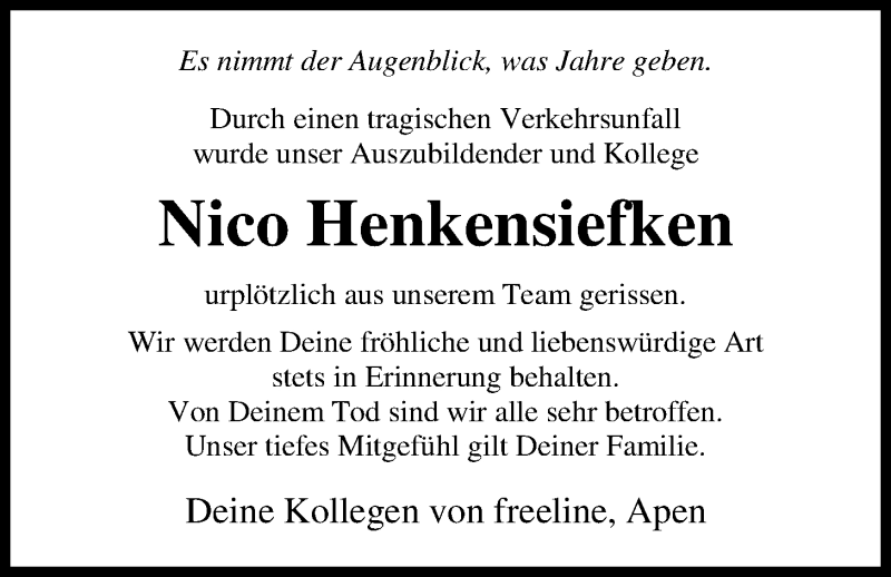  Traueranzeige für Nico Henkensiefken vom 06.02.2019 aus Nordwest-Zeitung