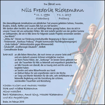 Traueranzeige von Nils Frederik Riekemann von Nordwest-Zeitung