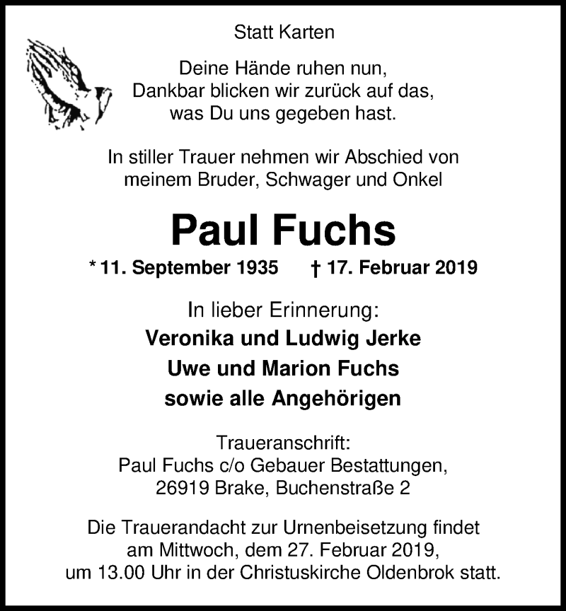  Traueranzeige für Paul Fuchs vom 22.02.2019 aus Nordwest-Zeitung
