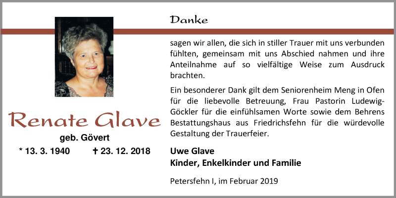  Traueranzeige für Renate Glave vom 05.02.2019 aus Nordwest-Zeitung