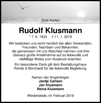 Traueranzeige von Rudolf Klusmann von Nordwest-Zeitung