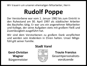 Traueranzeige von Rudolf Poppe von Nordwest-Zeitung