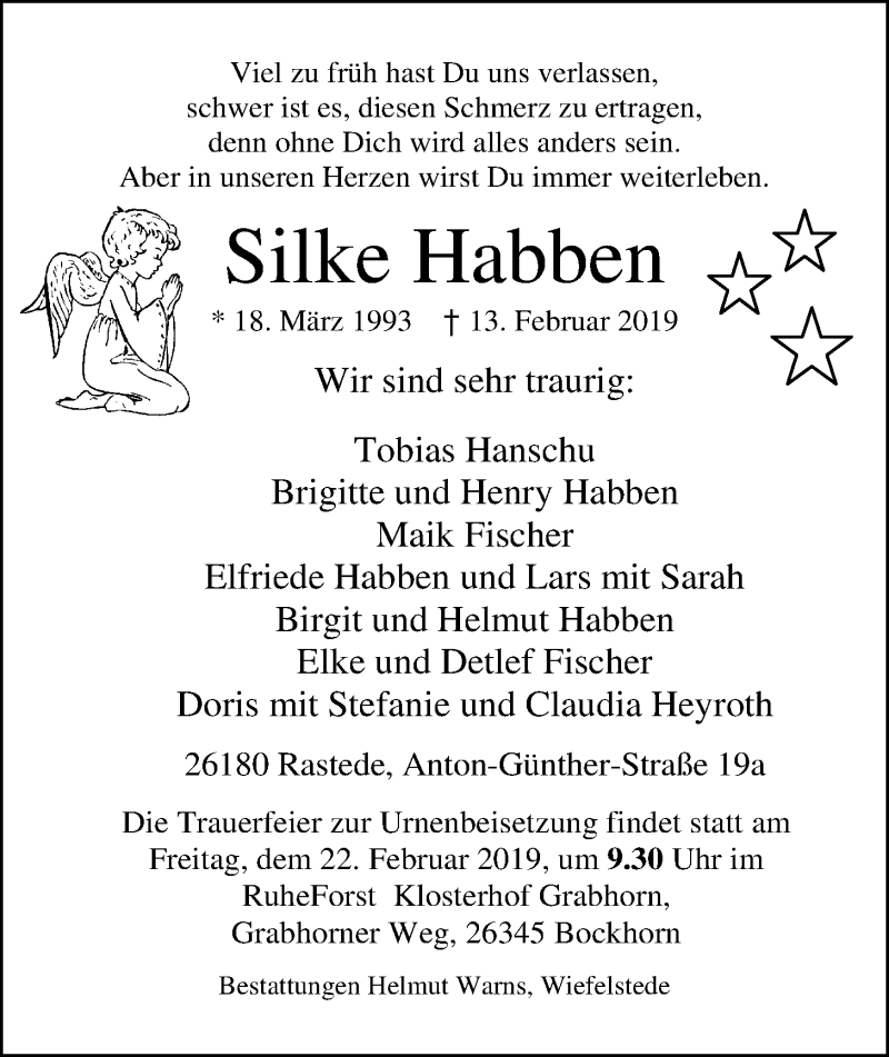  Traueranzeige für Silke Habben vom 18.02.2019 aus Nordwest-Zeitung