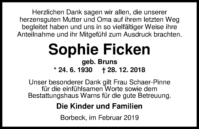  Traueranzeige für Sophie Ficken vom 23.02.2019 aus Nordwest-Zeitung
