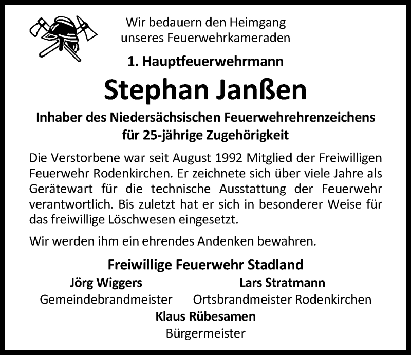  Traueranzeige für Stephan Janßen vom 08.02.2019 aus Nordwest-Zeitung