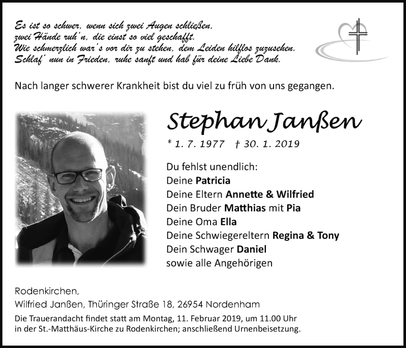  Traueranzeige für Stephan Janßen vom 08.02.2019 aus Nordwest-Zeitung