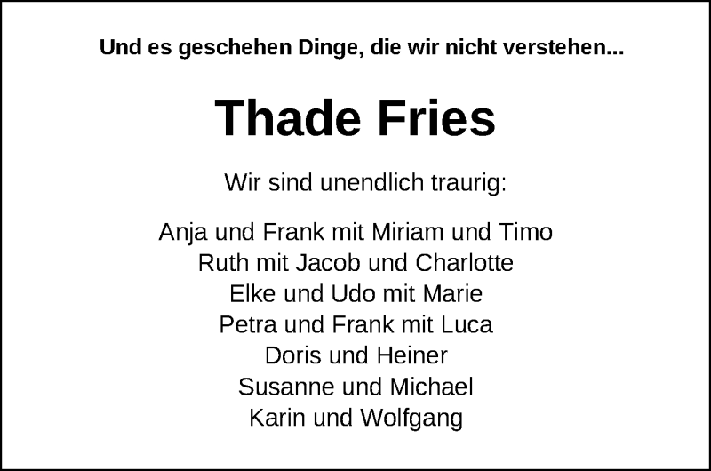 Traueranzeige für Thade Fries vom 11.02.2019 aus Nordwest-Zeitung