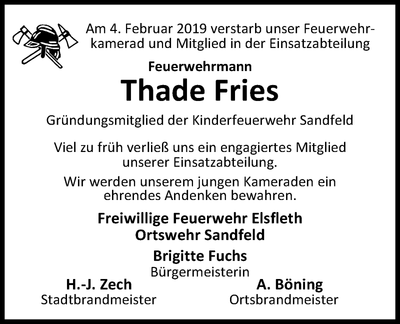  Traueranzeige für Thade Fries vom 09.02.2019 aus Nordwest-Zeitung
