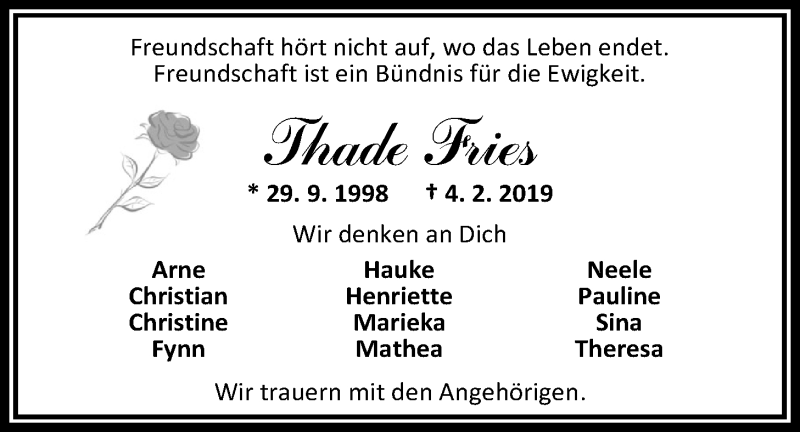  Traueranzeige für Thade Fries vom 09.02.2019 aus Nordwest-Zeitung