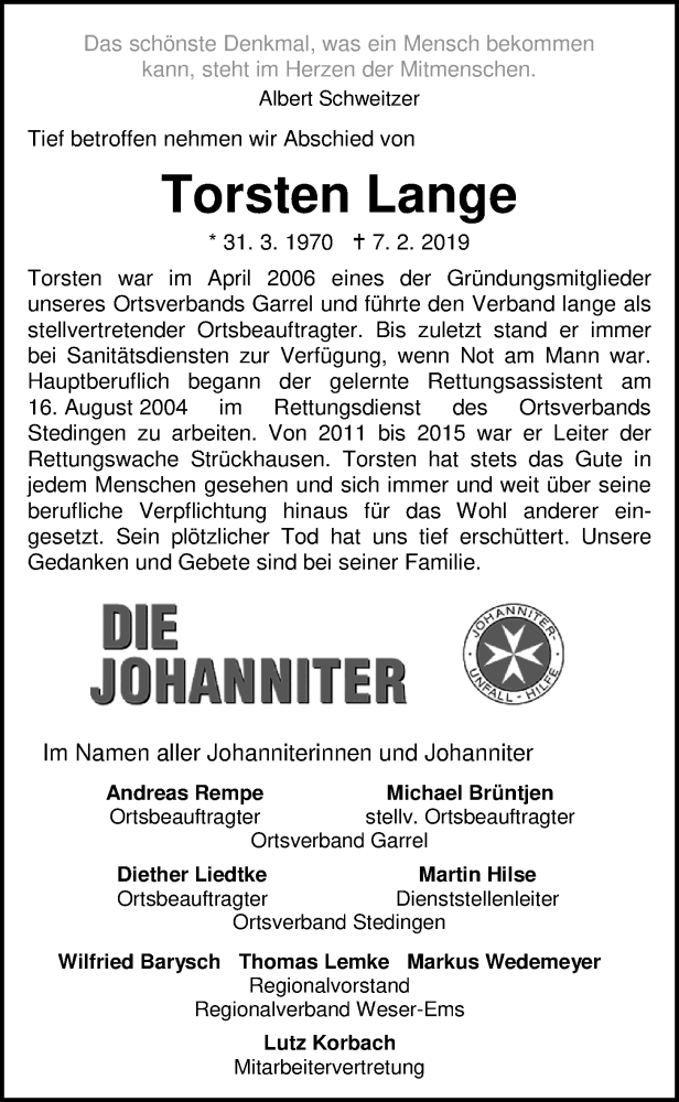  Traueranzeige für Torsten Lange vom 13.02.2019 aus Nordwest-Zeitung