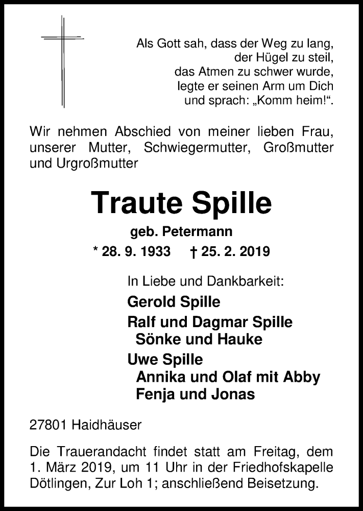  Traueranzeige für Traute Spille vom 27.02.2019 aus Nordwest-Zeitung