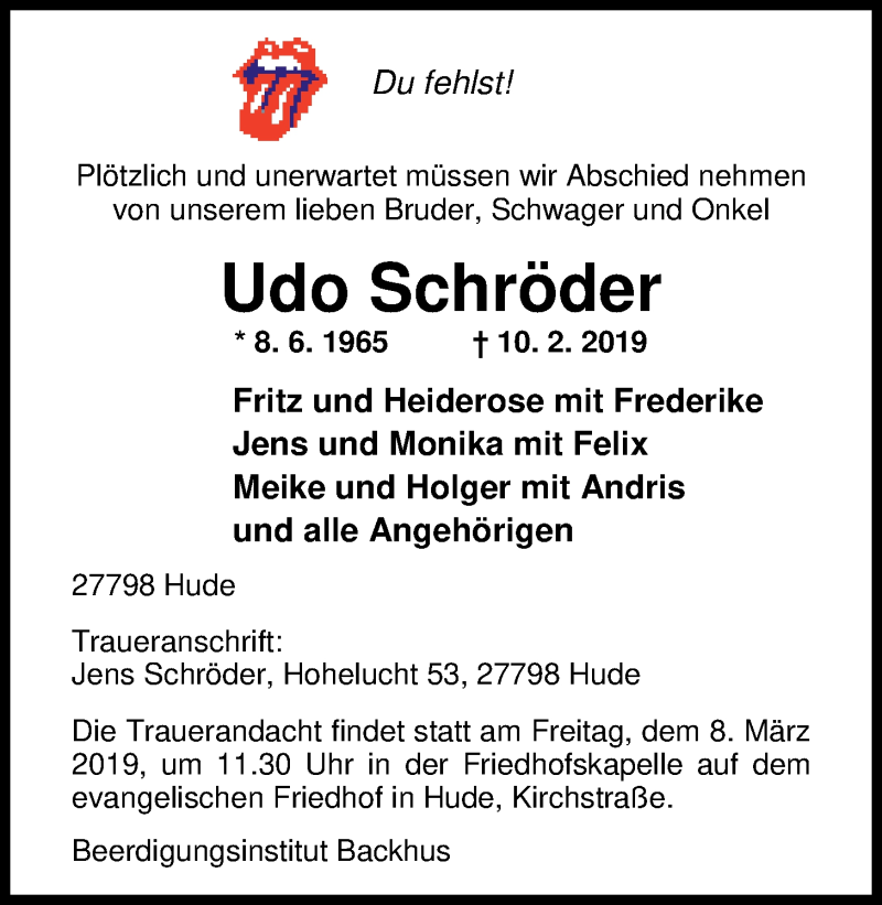  Traueranzeige für Udo Schröder vom 20.02.2019 aus Nordwest-Zeitung