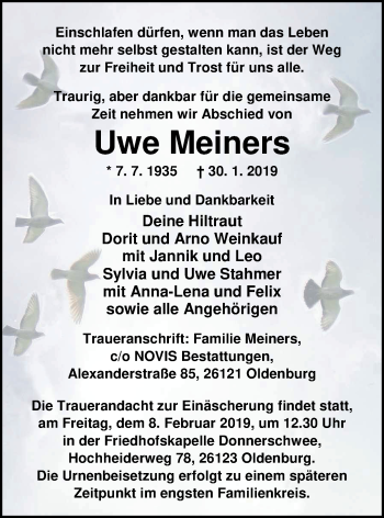 Traueranzeige von Uwe Meiners von Nordwest-Zeitung