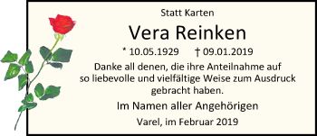 Traueranzeige von Vera Reinken von Nordwest-Zeitung