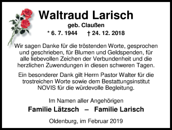 Traueranzeige von Waltraud Larisch von Nordwest-Zeitung