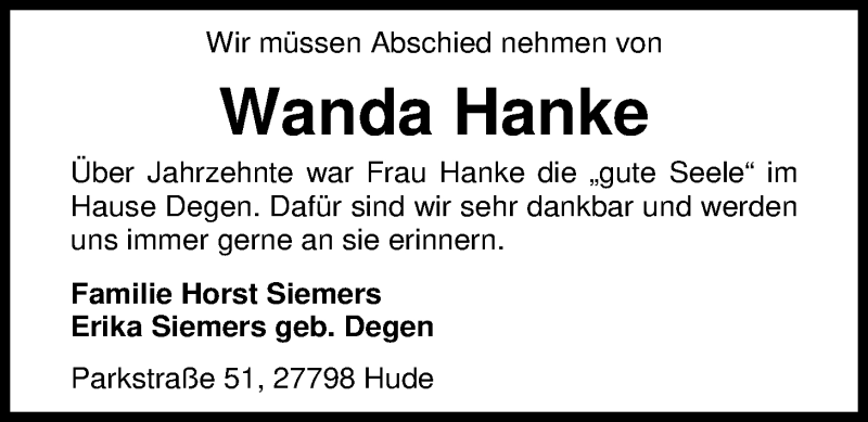  Traueranzeige für Wanda Hanke vom 20.02.2019 aus Nordwest-Zeitung